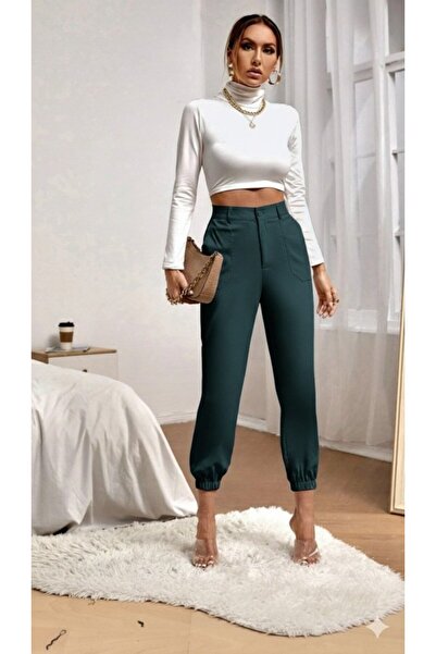 Simala Women's High Waist Imported Crepe Pants with Pockets and Elasticated Legs