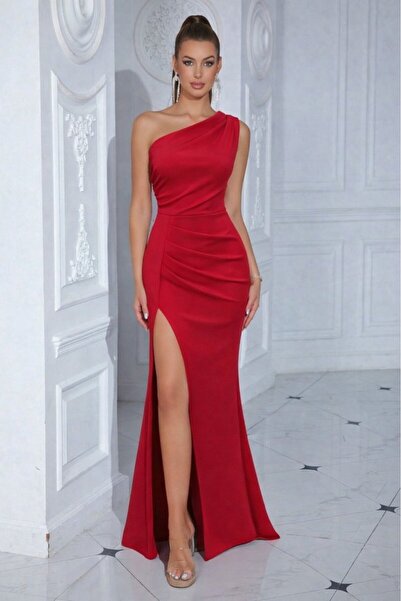 UFC 1985 TOP BRAND Women's One-Shoulder Deep Slit Long Imported Crepe Dress