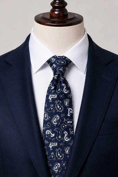 Kravatkolik Navy Blue White Shawl Pattern Italian Silk Tie İk2571