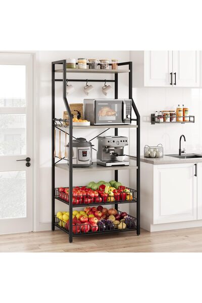 Garvee 5-Tier Kitchen Bakers Rack with Large Wire Baskets, 8 Hooks and Freest...