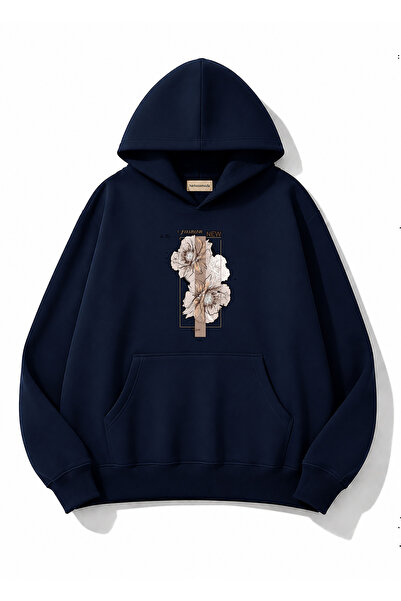 herkesemoda Floral Printed Hooded 2 Thread Threaded Sweatshirt