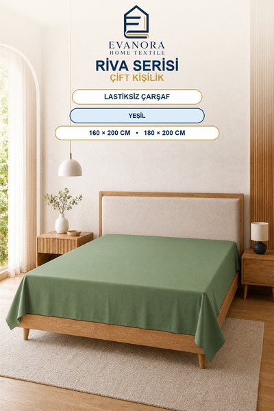 evonora Riva Series Green Double Elastic-Free Flat Sheet 160X200 / 180X200 cm