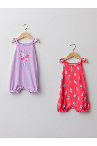 LC Waikiki Pink Square Collar Strap Printed Baby Girl Jumpsuit 2-Piece Set