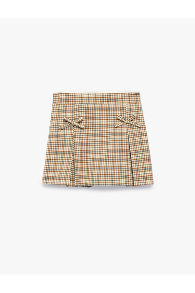 Koton A-Line Viscose Blend Plaid Skirt with Bow and Pleated Detail