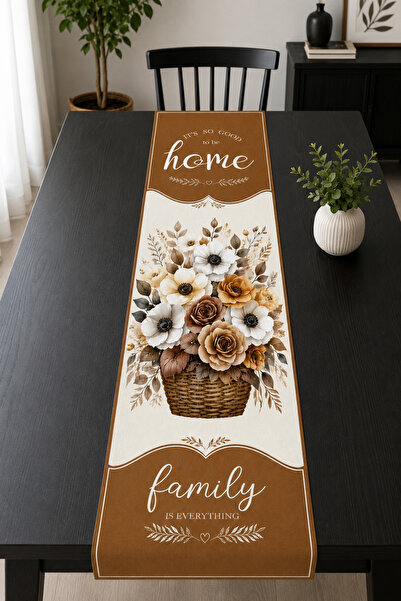 Bebişim Halı Country Runner Tablecloth with Brown Flower Basket and Family Le...