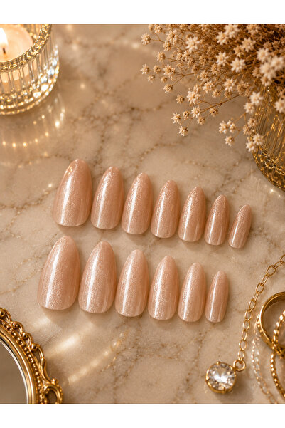 Champagne Pearl Cat Eye Press-On Nails – Şampanya İnci Işıltılı Kedi Gözü Badem Takma Tırnak