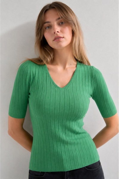 Arbucky Women's V-Neck Ribbed Short Sleeve Basic Knitwear Blouse