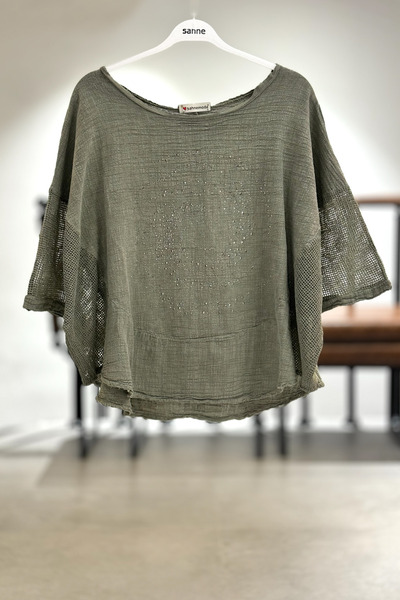 sahnemoda Yanları Oval Taşlı Oversize Keten Bluz
