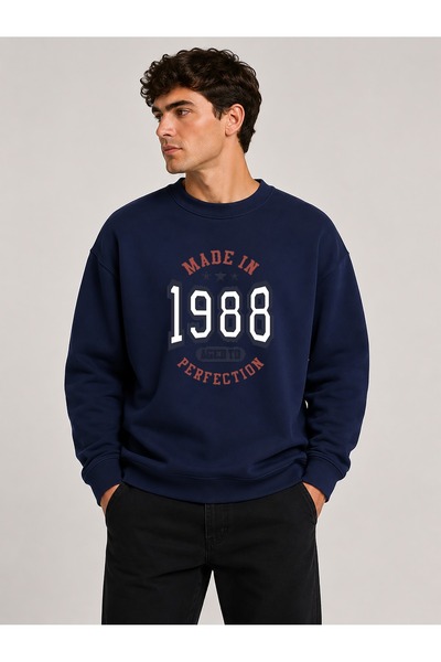 herkesemoda 1988 Print Detailed Crew Neck Ribbed 2 Thread Sweatshirt