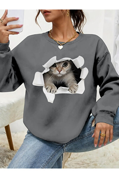 Gökyüzü Moda Women's Long Sleeve Crew Neck Cat Print Viscose Two Thread Blouse
