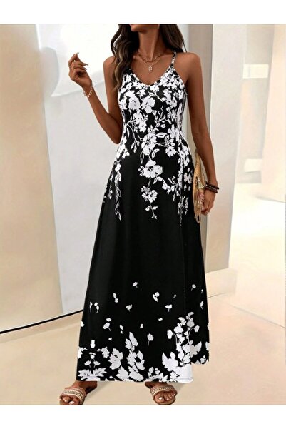Simala Women's Strappy V-Neck Patterned Long Single Jersey Dress