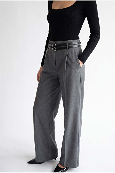 Mixray 2185 Women's Double Belt High Waist Wide Leg Palazzo Trousers Anthracite