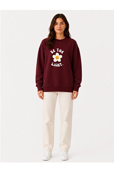 herkesemoda Be the Light Daisy Print Detailed Embroidered 2 Thread Crew Neck ...