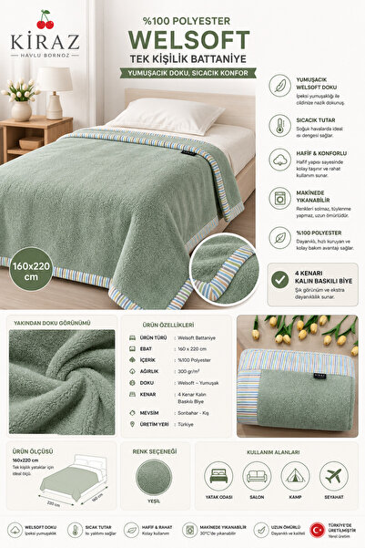KİRAZHOME Wellsoft Baskılı Biyeli Tek Kişilik Battaniye – Ultra Yumuşak160x220