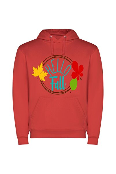 iLovePrints Hello Fall's Leafy Greeting Φούτερ με κουκούλα σε χρώμα Κόκκινο
