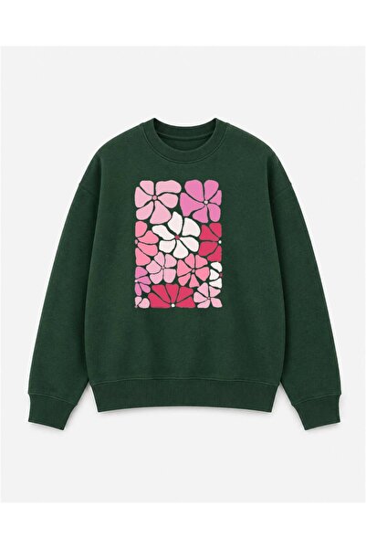 herkesemoda Colorful Flowers Printed 2 Thread Threaded Crew Neck Sweatshirt