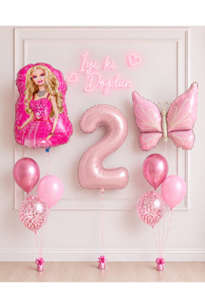 ALYA PARTİ Barbie & kelebek ve 2 yaş rakam folyo balonlu doğum günü seti