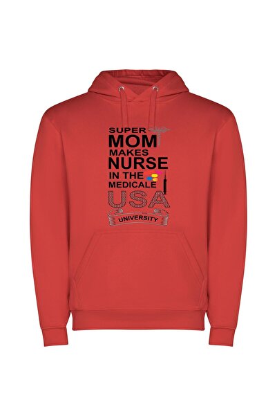 iLovePrints Super Mom, Nurse, USA Φούτερ με κουκούλα σε χρώμα Κόκκινο