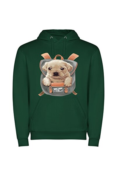 iLovePrints Realistic Dog Backpack Art Φούτερ με κουκούλα σε χρώμα Πράσινο