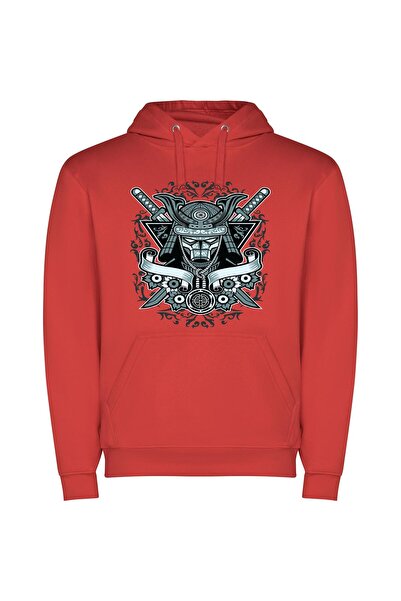 iLovePrints Masked Samurai: Inked Elegance Φούτερ με κουκούλα σε χρώμα Κόκκινο