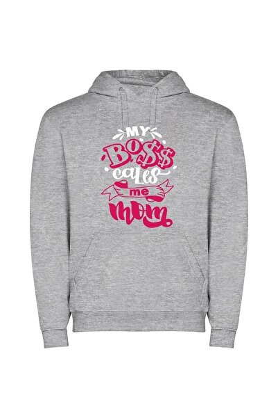 iLovePrints Boss Mom Style Stickers Φούτερ με κουκούλα σε χρώμα Γκρι