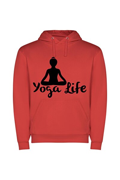 iLovePrints Monochrome Zen: Street Yoga Φούτερ με κουκούλα σε χρώμα Κόκκινο