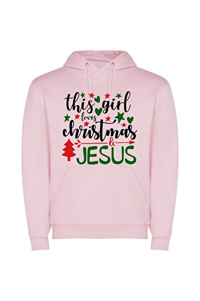 iLovePrints Christmas Devotion: Girl's Love Φούτερ με κουκούλα σε χρώμα Ροζ