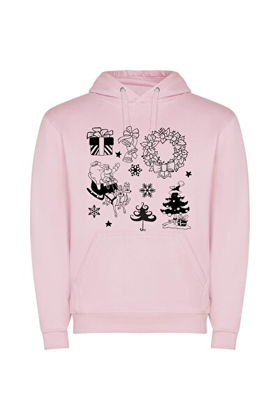 iLovePrints Festive Monochrome Christmas Drawing Φούτερ με κουκούλα σε χρώμα Ροζ