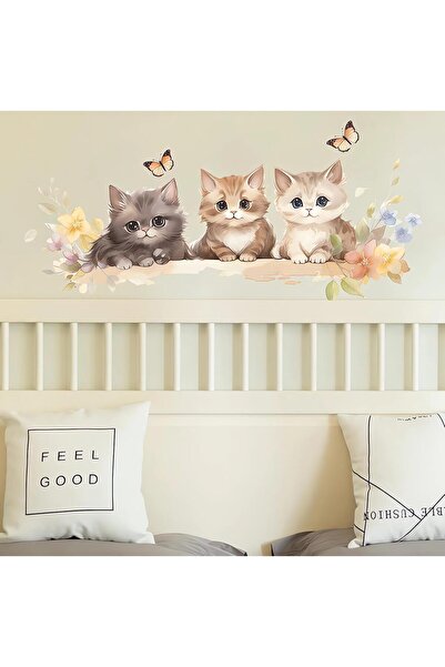 AZONEE Cute Cartoon Cat & Butterfly Wall Stickers, Cozy Kittens Art Wall Deca...