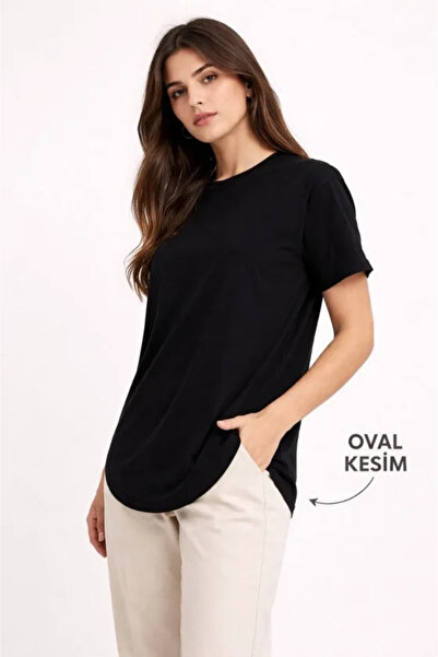Simala Basic T-Shirt Short Sleeve Crew Neck Oval Cut T-Shirt - Black