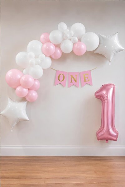 Patladı Gitti Pink One 1St Birthday Party Set – White and Pink Balloon Decora...