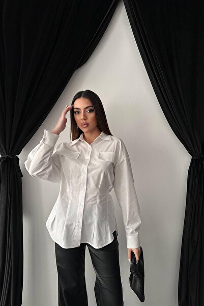 Moda Days Women's White Shirt Lapel Long Sleeve Cover Pocket Pleated Button W...