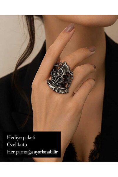 HER ŞEY NOTA www.herseynota.com خاتم نسائي قابل للتعديل بلون فضي عتيق مع تصمي...