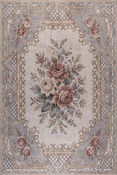 ARTLOOP Florart Gri Bej Vintage Goblen Çiçekli Klasik Desenli Dokuma Tabanlı ...