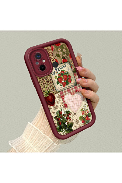 quırkshıeld Redmi 12C Uyumlu Kaliteli vintage çilek kolaj silikon kılıf, retr...