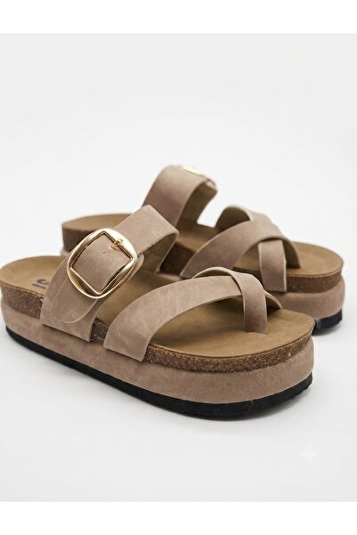 McDark Women's Platform Sole 6 cm High Flat Cork Single Toe Slippers-Beige