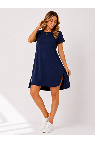 YONCA OUTLET فستان قصير بقصة واسعة وتفاصيل مقصوصة عند الخصر وياقة دائرية وأكم...