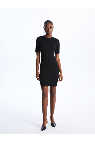 LC Waikiki Black Crew Neck Plain Short Sleeve Women's Knitwear Dress