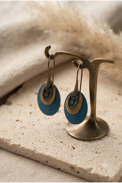ZGNOVA Handmade Turquoise Patina Metal Dangle Special Design Authentic Earrings