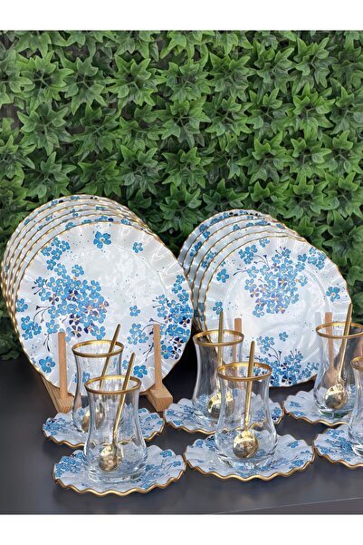 Hediye Köşkü Myosotis Gold Yaldızlı 30 Parça 6 Kişilik Cam Çay ve Pasta Sunum...