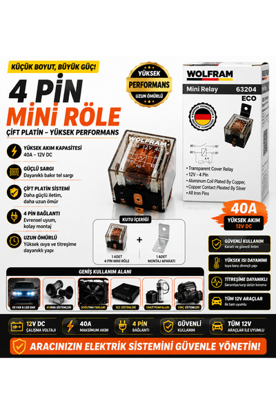 DuoLight 12V 40A 4 Pin Mini Röle Çift Platin Sargılı Şeffaf Gövde Yüksek Oto ...