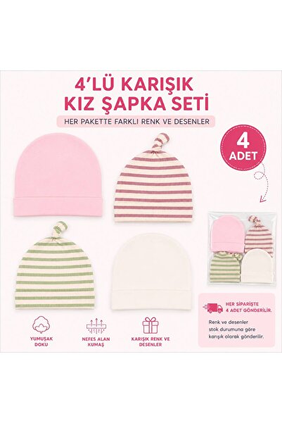 Bebekino 4'lü Karışık Bebek Şapka Seti - Yenidoğan %100 Pamuk Esnek Şapka - K...