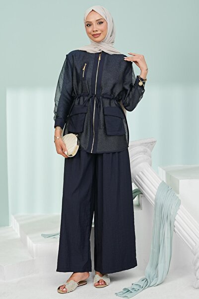 İmajButik Navy Blue Waist-Tie Undergarment Jacket and Trousers 3-Piece Set