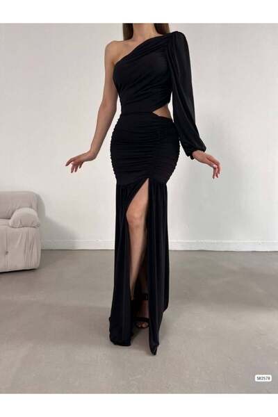 Modafeminen فستان سهرة مزين بأكمام واحدة ونافذة 582758 أسود