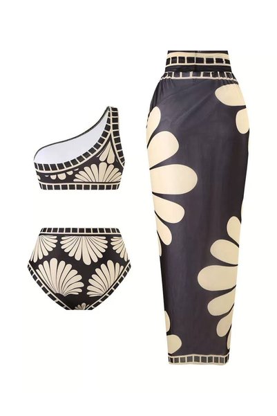 Girlsavm Black Cream One Shoulder Bikini Pareo Set