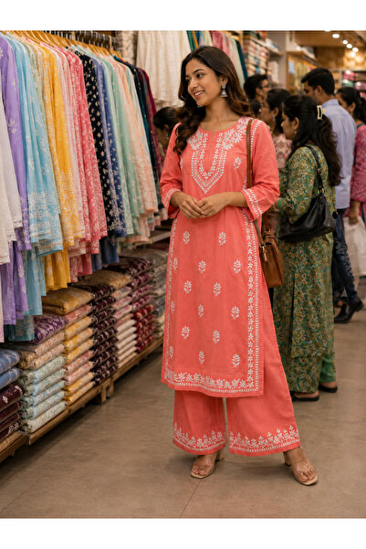 MYSMAR Salmon Pink Chikankari Embroidered Rayon Kurti Set - CHK1002 | Salmon ...