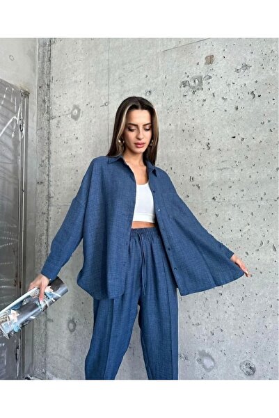 ginger love Set cămașă și pantaloni oversize cu buzunare duble pentru femei – Indigo