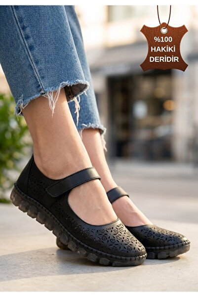 Generic Brand Sina Black Genuine Leather Velcro Ballerina Shoes
