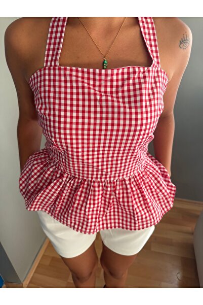Elias Studios Pötikare Desenli Halter Yaka Peplum Bluz – Beli Lastikli Yazlık...