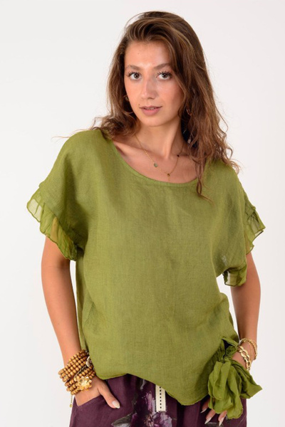 AYASOFYA OTANTIK Women's Italian Tie-Back Silk Detailed Linen Blouse